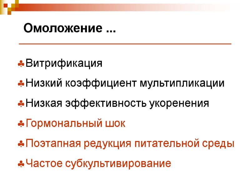 Омоложение ... Витрификация Низкий коэффициент мультипликации  Низкая эффективность укоренения  Гормональный шок Поэтапная